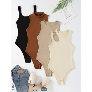 Plus 4pcs Solid Ribbed Knit Cut Out Bodysuits